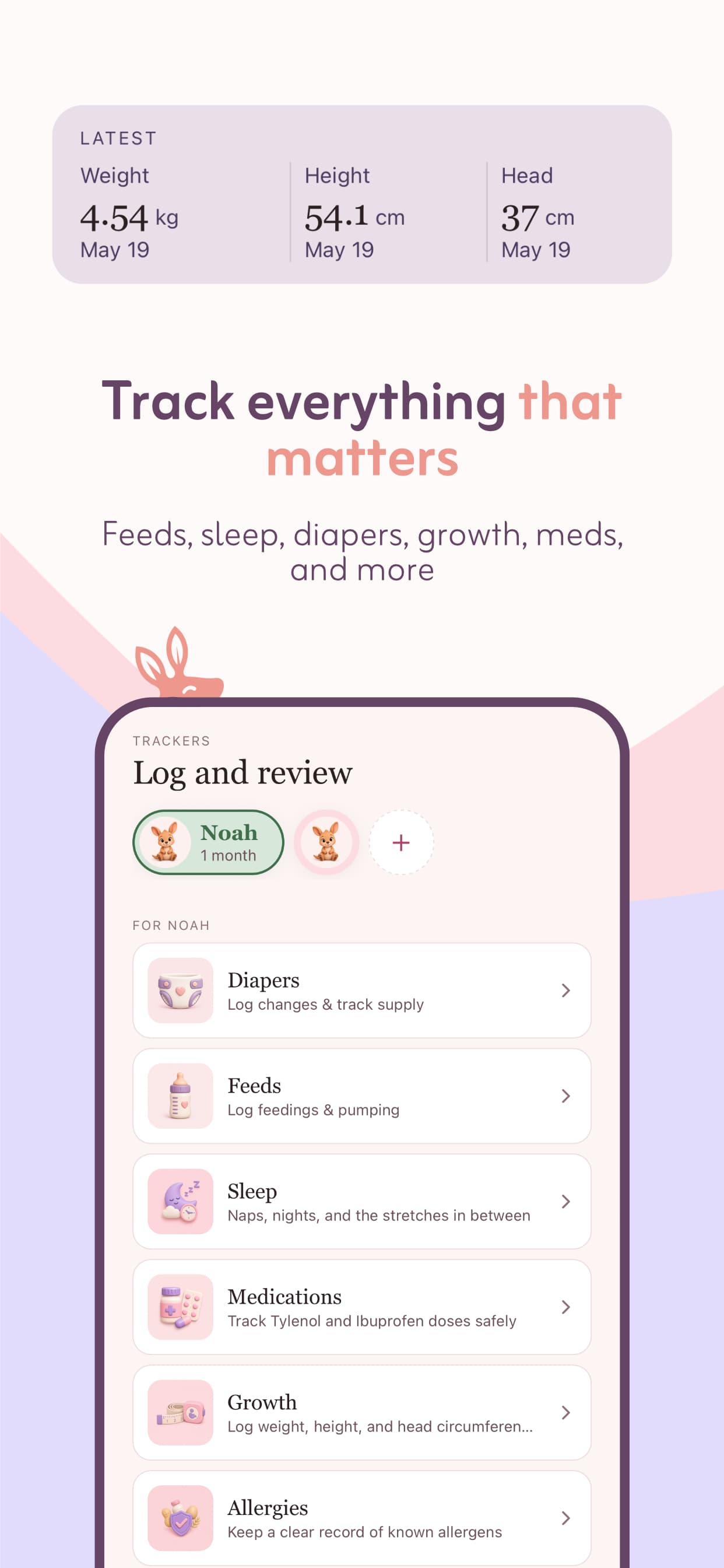 The trackers list, log feeds, sleep, diapers, growth, meds and more