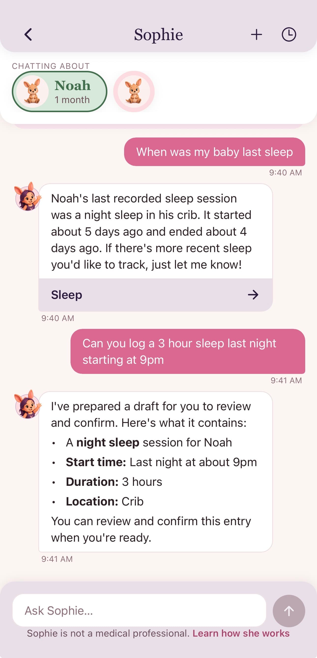 Asking Sophie, the AI mom-coach, a question in the app