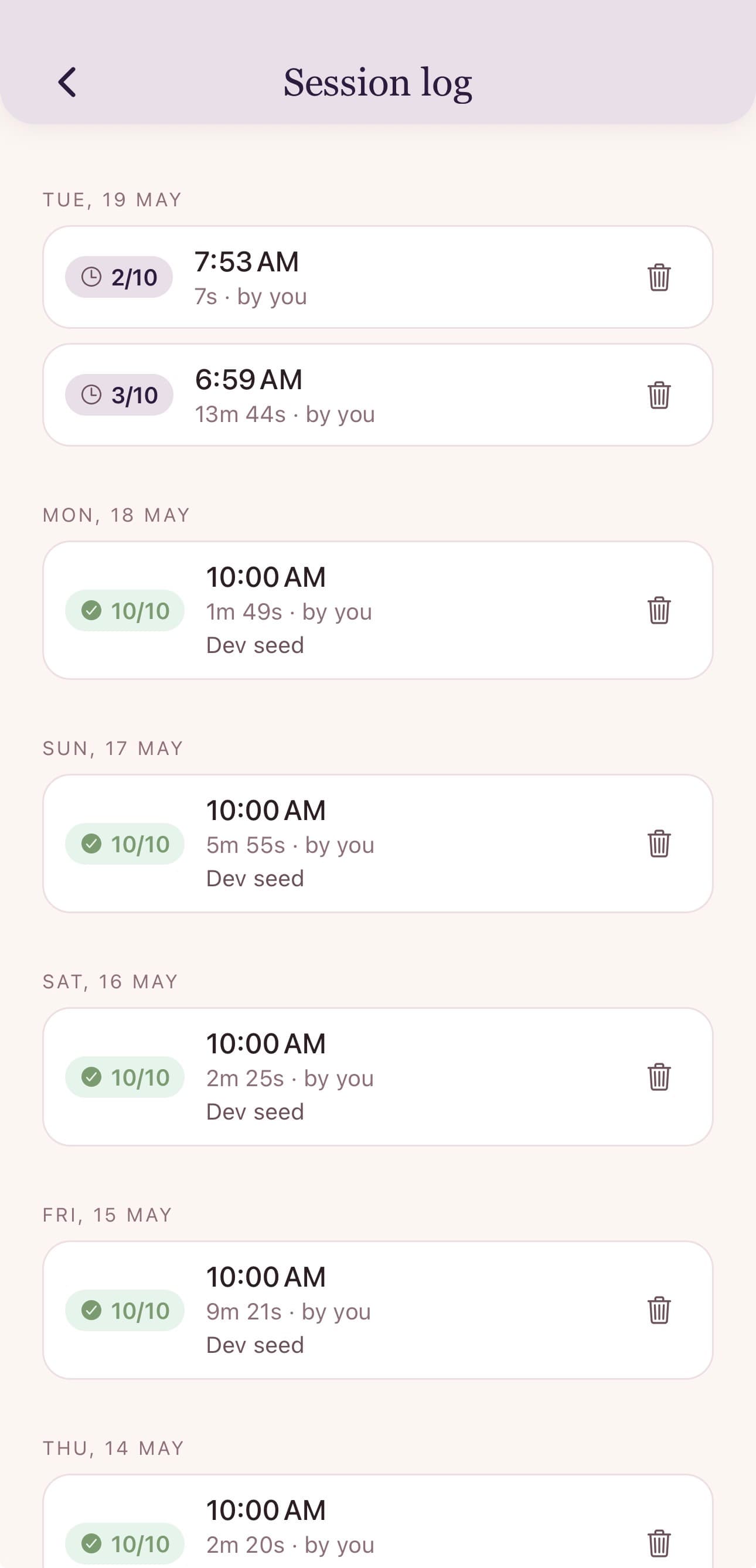 Kicks — Last 7 days of daily totals