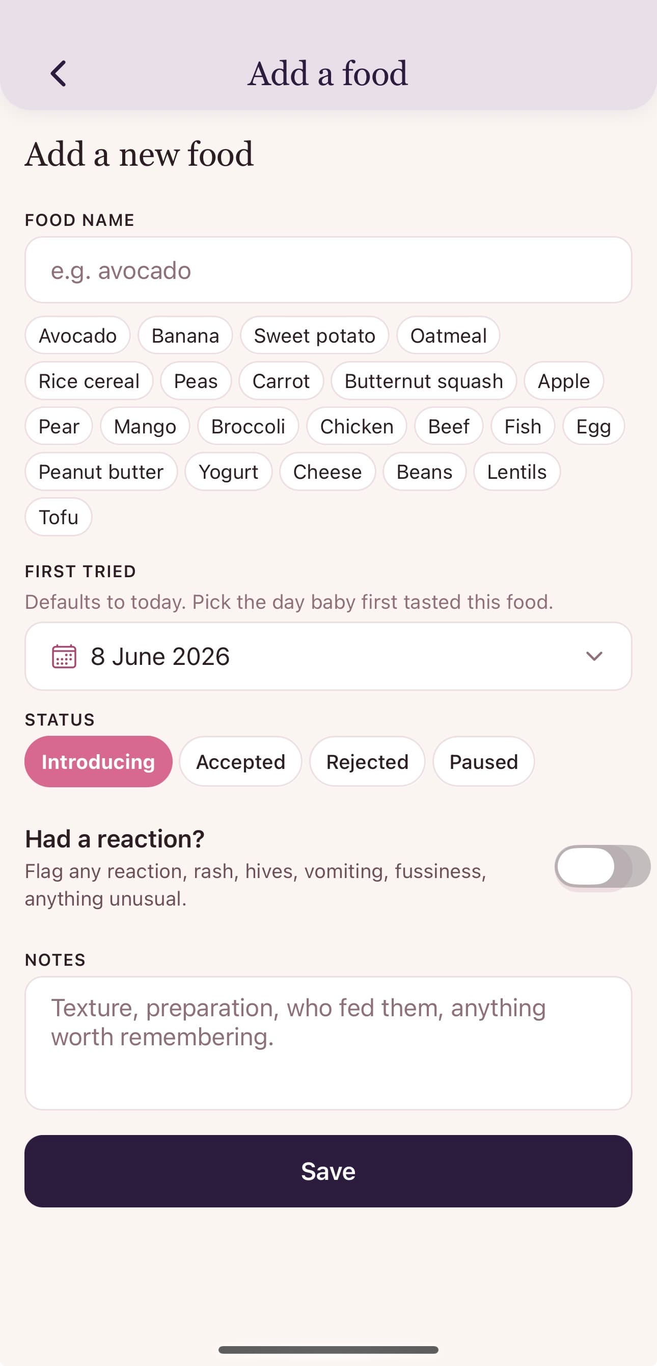 Solids — Pairs with the Allergies tracker for safety