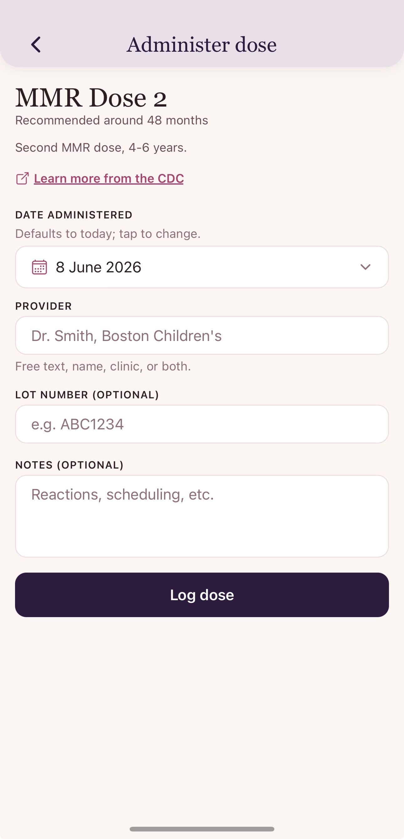 Vaccines — Log dose, date, provider, lot number