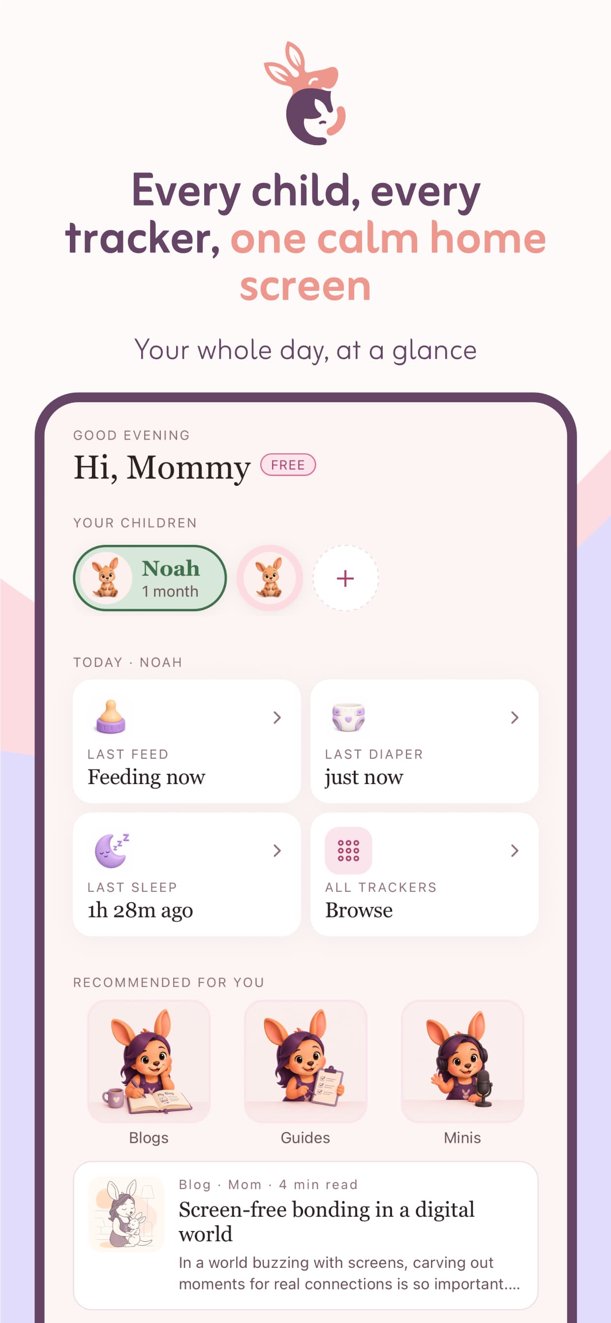 The Maternity home screen, every child and tracker in one place