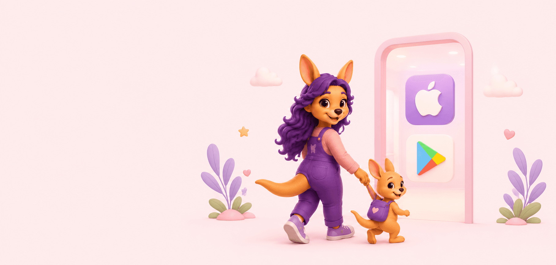 An illustrated kangaroo mom and her baby walking toward the Maternity app on the App Store and Google Play
